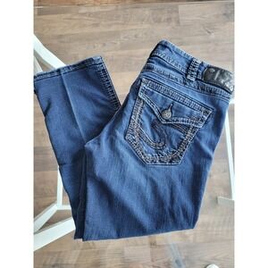 Biker Girl SILVER Jeans Women's Blue Suki Mid Capri Dark Wash Size 30x22.5